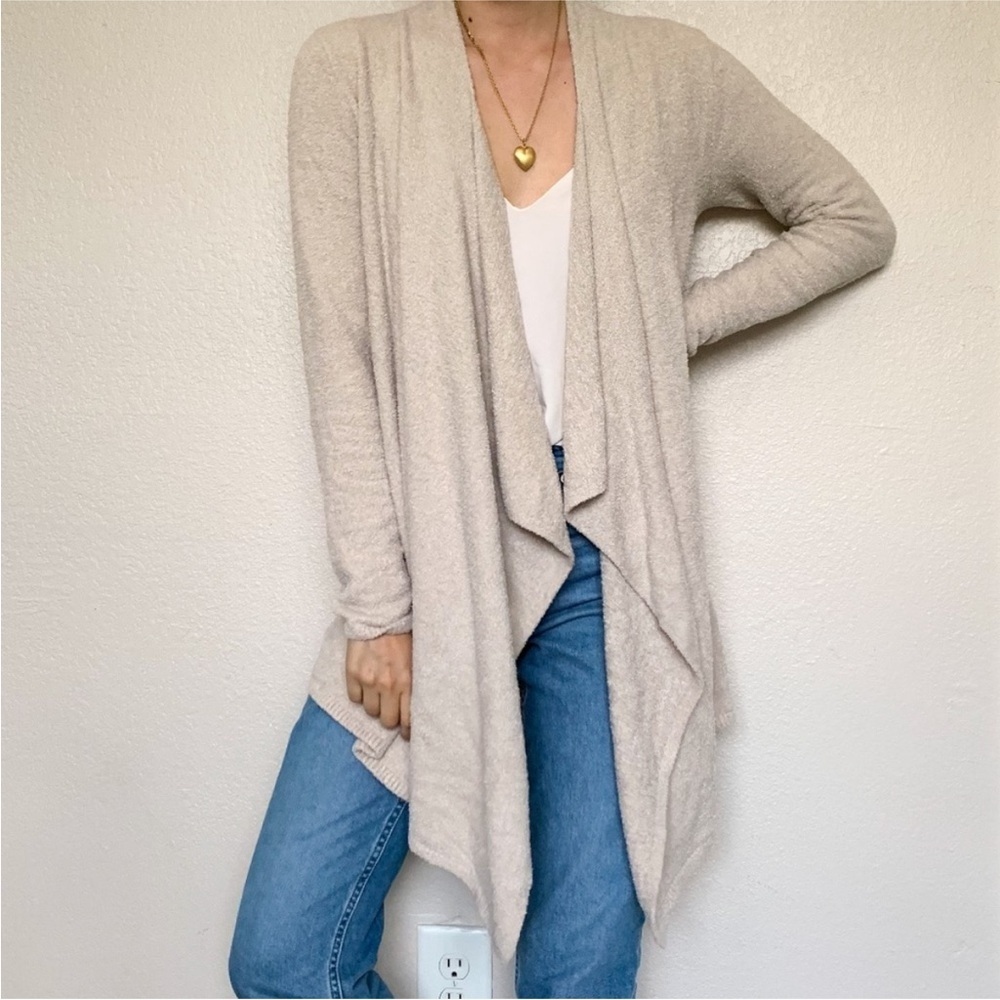 Barefoot Dreams Cozy Chic Lite Island Wrap Draped Cardigan in Taupe, Size S/M - Picture 2 of 10